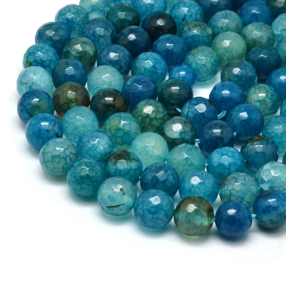 Faceted Crackle Agate Beads, Faceted, Round, Dyed, Cyan Color. Semi-Precious Gemstone Beads for Jewelry Making. Great for Stretch Bracelets and Necklaces.  Size: 10mm Diameter, Hole: 1mm; approx. 36pcs/strand, 15" Inches Long.  Material: Premium Grade Faceted Crackle Agate Beads Dyed Cyan Color. Polished, Shinny Finish.