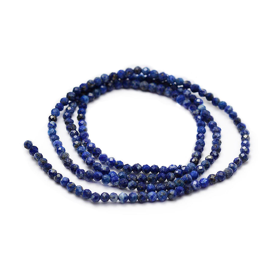 Faceted Lapis Lazuli Natural Stone Beads Beads, Round, Royal Blue Color. Semi-Precious Gemstone Beads for DIY Jewelry Making.  Size: 2mm Diameter, Hole: 0.5mm; approx. 160-175pcs/strand, 14" Inches Long.  Material: Genuine Natural Lapis Lazuli Beads, Natural Stone Beads. Blue Color. Polished, Shinny Finish.