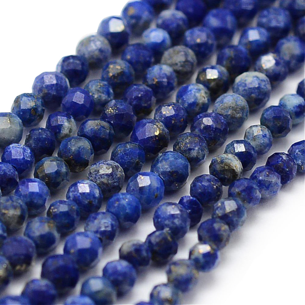 Faceted Lapis Lazuli Natural Stone Beads Beads, Round, Royal Blue Color. Semi-Precious Gemstone Beads for DIY Jewelry Making.  Size: 2mm Diameter, Hole: 0.5mm; approx. 160-175pcs/strand, 14" Inches Long.  Material: Genuine Natural Lapis Lazuli Beads, Natural Stone Beads. Blue Color. Polished, Shinny Finish.