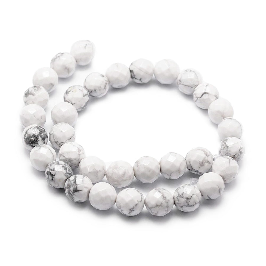 Natural Faceted, Round White Howlite Beads. Semi-precious Stone Beads for DIY Jewelry Making.   Size: 8mm Diameter, Hole: 1mm, approx. 48pcs/strand, 15" Inches Long.  Material: Genuine White Howlite Faceted Stone Beads. White Color. Polished Finish. 