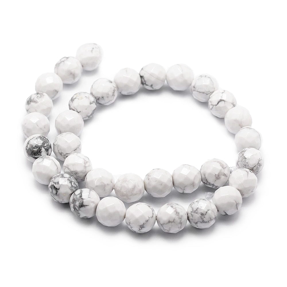 Natural Faceted, Round White Howlite Beads. Semi-precious Stone Beads for DIY Jewelry Making.   Size: 10mm Diameter, Hole: 1mm, approx. 35-37pcs/strand, 14.5" Inches Long.  Material: Genuine White Howlite Faceted Stone Beads. White Color. Polished Finish. 