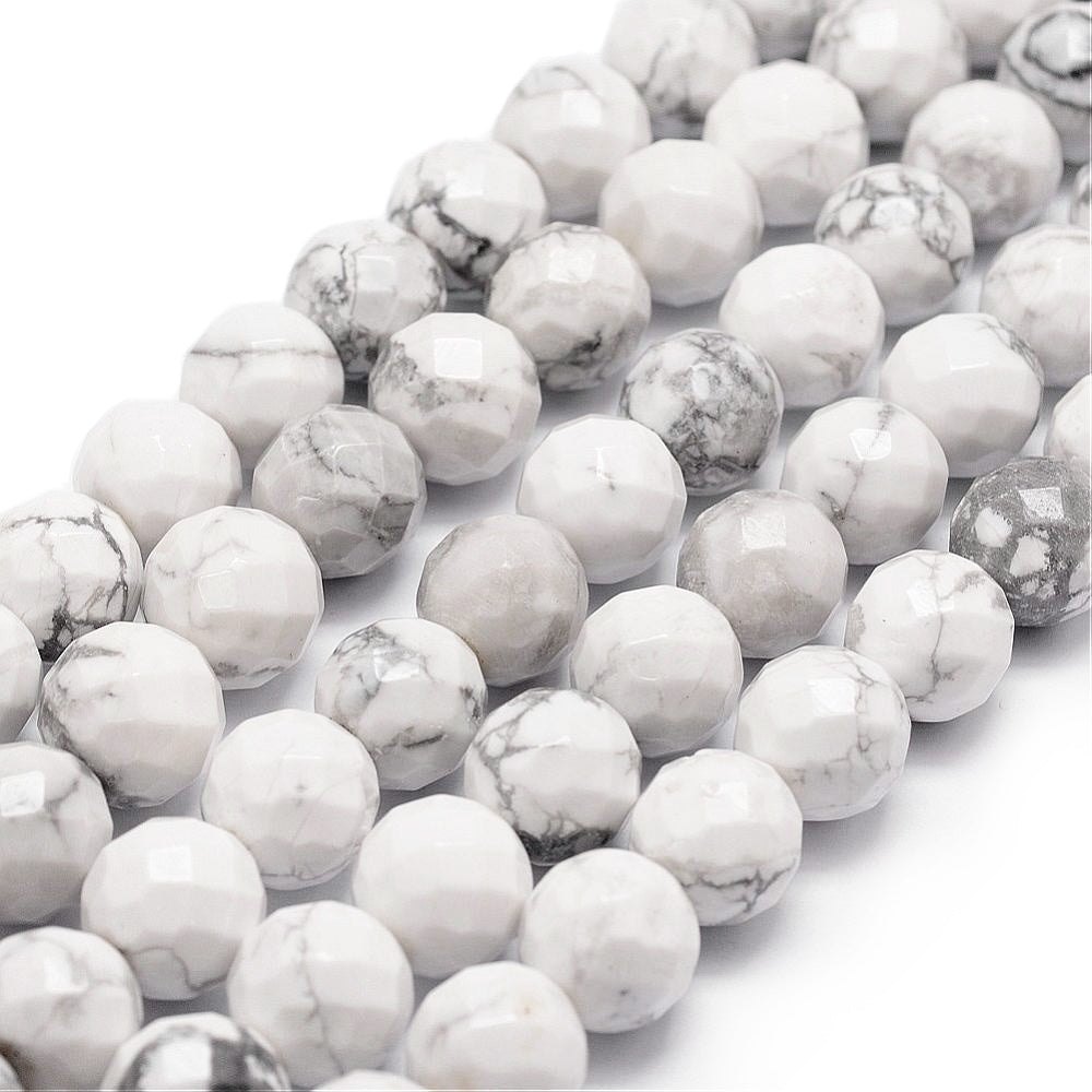Natural Faceted, Round White Howlite Beads. Semi-precious Stone Beads for DIY Jewelry Making.   Size: 10mm Diameter, Hole: 1mm, approx. 35-37pcs/strand, 14.5" Inches Long.  Material: Genuine White Howlite Faceted Stone Beads. White Color. Polished Finish. 