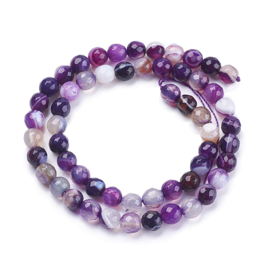 Faceted Violet Striped Agate Beads, Round, Dyed, Purple Banded Agate. Semi-Precious Gemstone Beads for Jewelry Making. Great for Stretch Bracelets and Necklaces.  Size: 6mm Diameter, Hole: 1mm; approx. 60pcs/strand, 14" Inches Long.  Material: Faceted Striped Banded Agate Loose Beads Dyed Purple Color. Polished, Shinny Finish.