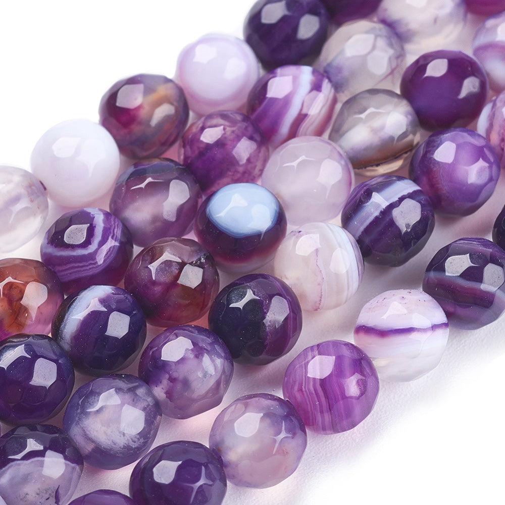 Faceted Violet Striped Agate Beads, Round, Dyed, Purple Banded Agate. Semi-Precious Gemstone Beads for Jewelry Making. Great for Stretch Bracelets and Necklaces.  Size: 6mm Diameter, Hole: 1mm; approx. 60pcs/strand, 14" Inches Long.  Material: Faceted Striped Banded Agate Loose Beads Dyed Purple Color. Polished, Shinny Finish.