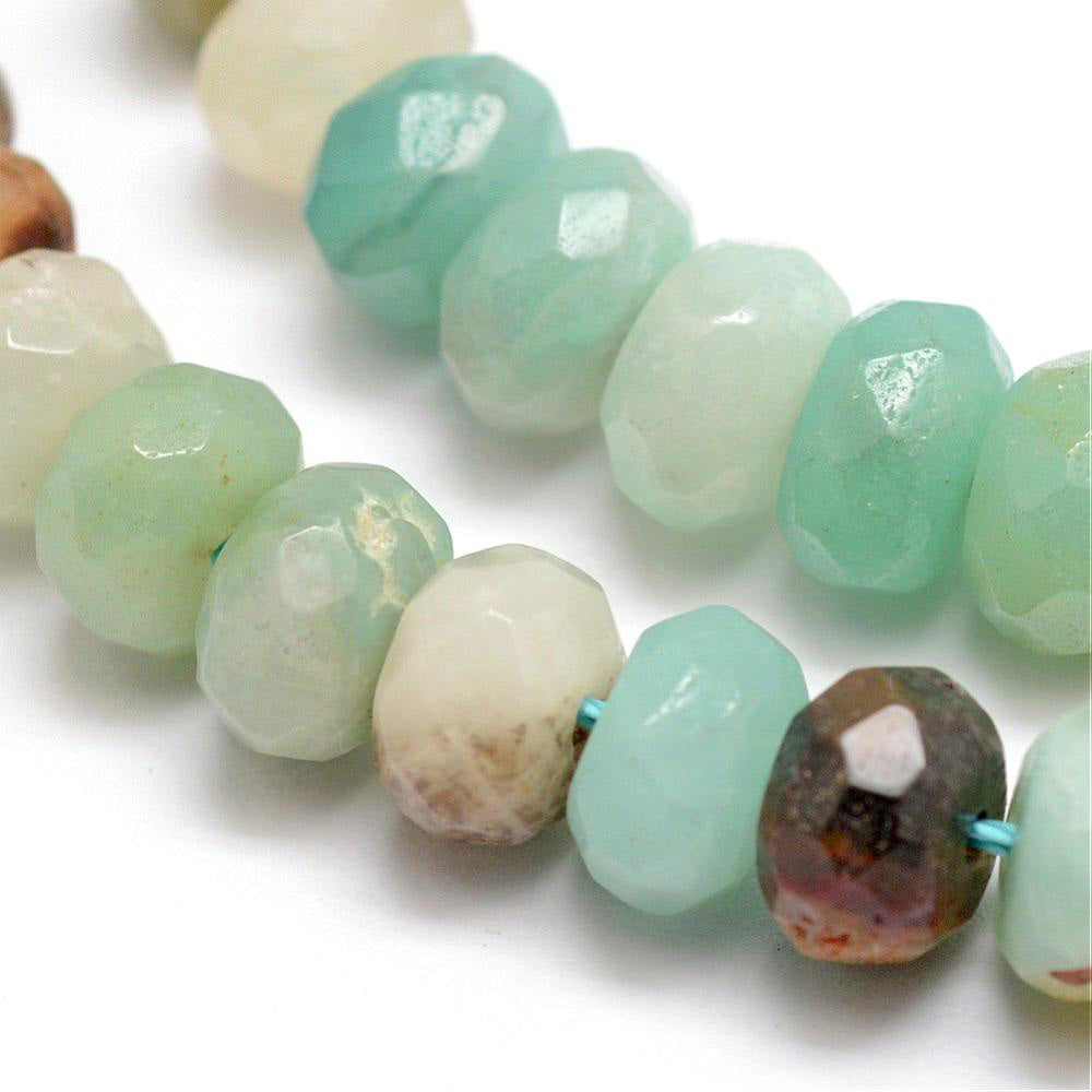 Natural Rondelle Amazonite Beads. Semi-Precious Amazonite Beads for DIY Jewelry Making.   Size: 8-8.5mm in diameter, hole: 1mm, approx. 64-75pcs/strand, 15" inches long.  Material: Genuine, Multi-Colored Amazonite, Rondelle Stone Beads, Quality Stone Beads. Multi-Color, Polished Finish.