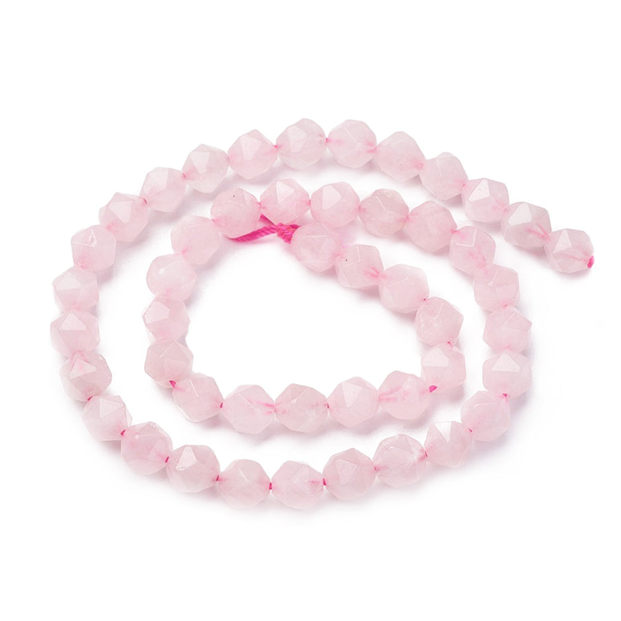 Faceted Rose Quartz Beads, Pink Color. Semi-Precious Stone Beads for DIY Jewelry Making.  Size: 8-8.5mm Diameter, Hole: 1mm; approx. 46-48pcs/strand, 15" Inches Long.  Material: Genuine Rose Quartz, Faceted, Star Cut Beads, Pink Color. Polished Finish.