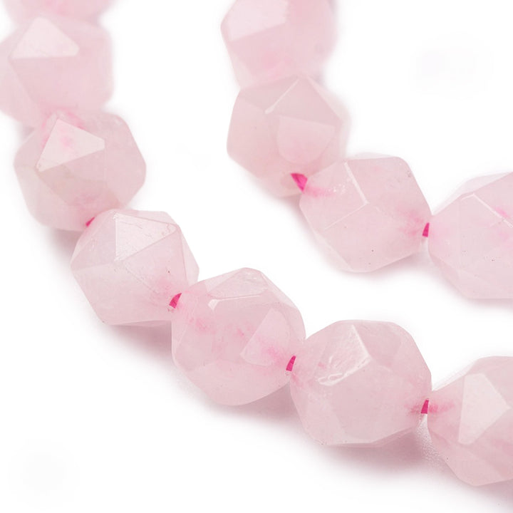Faceted Rose Quartz Beads, Pink Color. Semi-Precious Stone Beads for DIY Jewelry Making.  Size: 8-8.5mm Diameter, Hole: 1mm; approx. 46-48pcs/strand, 15" Inches Long.  Material: Genuine Rose Quartz, Faceted, Star Cut Beads, Pink Color. Polished Finish.