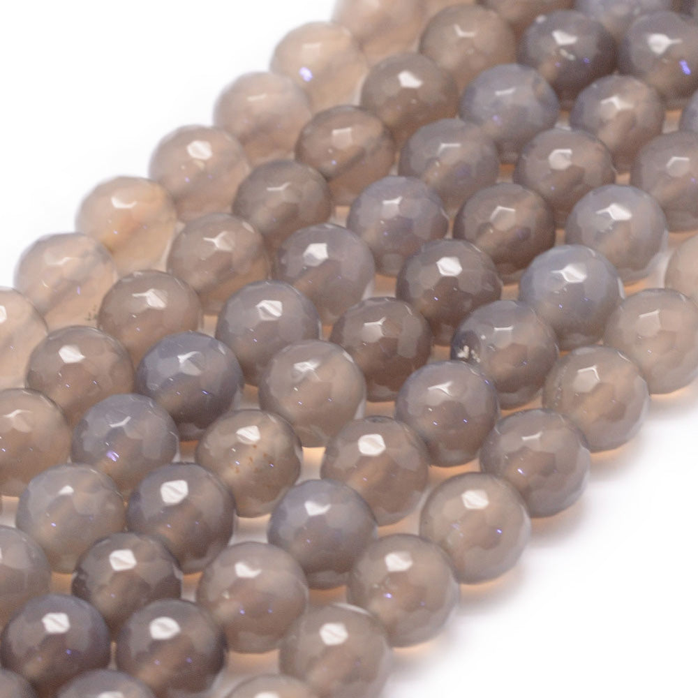 Faceted Grey Agate Natural Agate Beads, Round, Grey Color. Faceted, Round Semi-Precious Gemstone Beads for Jewelry Making.  Size: 10mm Diameter, Hole: 1mm; approx. 35-38pcs/strand, 14" Inches Long.  Material: Grade A Faceted Round Natural Grey Agate. High Quality Stone Beads. 