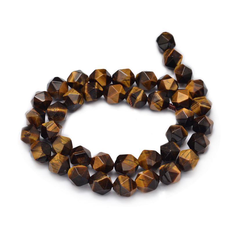 Natural Tiger Eye Beads, Round, Faceted, Star Cut Beads. Yellow-Brown Color Semi-Precious Gemstone Bead.   Size: 10x9mm, Hole: 1mm; approx. 35-38pcs/strand, 14.5" Inches Long  Material: Star Cut Faceted Tiger Eye Stone Beads. Polished, Shinny Finish.