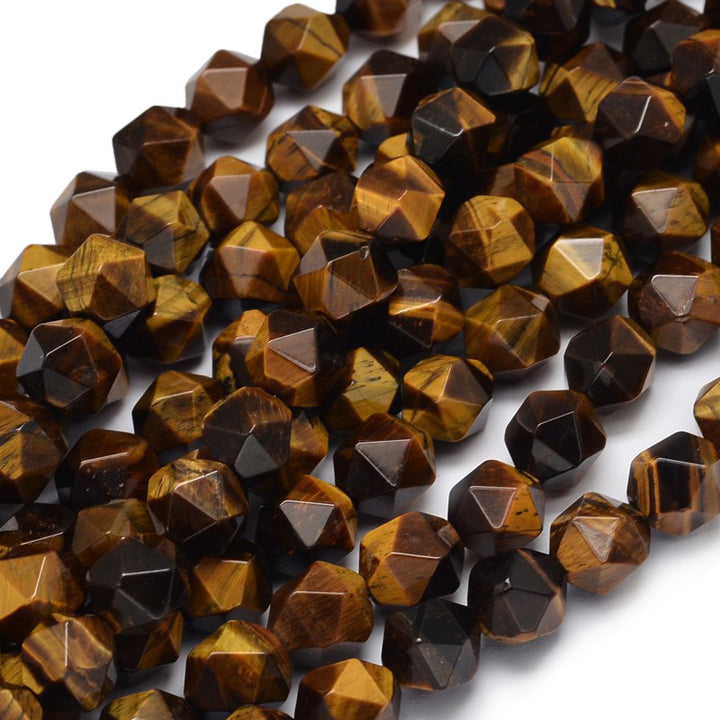 Natural Tiger Eye Beads, Round, Faceted, Star Cut Beads. Yellow-Brown Color Semi-Precious Gemstone Bead.   Size: 10x9mm, Hole: 1mm; approx. 35-38pcs/strand, 14.5" Inches Long  Material: Star Cut Faceted Tiger Eye Stone Beads. Polished, Shinny Finish.
