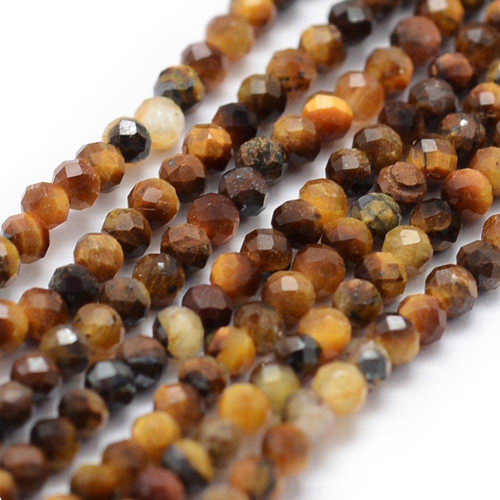 Faceted, Round Natural Tiger Eye Beads, Round, Yellow Brown Color. Semi-precious Gemstone Tiger Eye Beads for DIY Jewelry Making.   Size: 2mm Diameter, Hole: 0.5mm, approx. 185-189pcs/strand, 14.5 inches long.  Material: Faceted Genuine Natural Tiger Eye Loose Stone Beads, Round Polished Stone Beads.  Tiger Beads can Promote Positive Energy and Inspires Courage and Confidence. Great Gift for Crafty Friends or Family. 