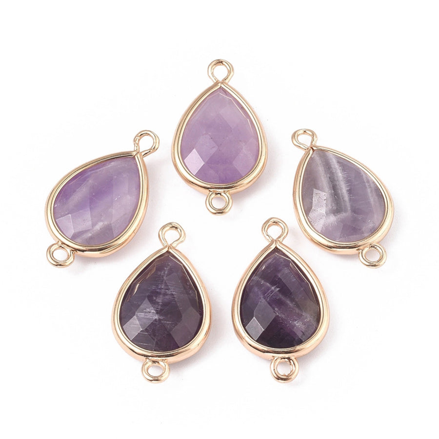 Faceted Natural Amethyst Link Connectors, Teardrop Shape. Purple Colored Connector for DIY Jewelry Making.   Size: 22mm Length, 12mm Width, 5mm Thick, Hole: 1.5mm, QTY: 1pcs/bag.  Material: Genuine Amethyst Stone Beads. Tear Drop Shaped with Golden Brass Findings.