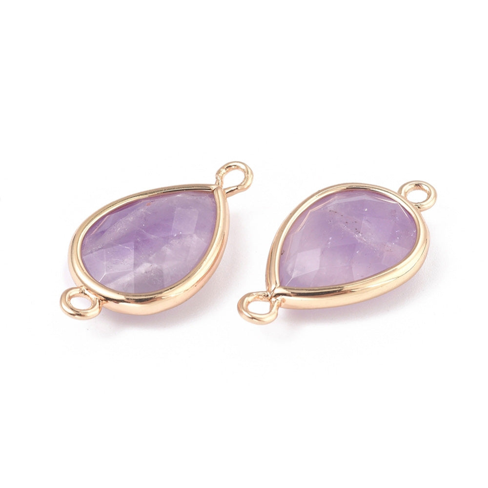 Faceted Natural Amethyst Link Connectors, Teardrop Shape. Purple Colored Connector for DIY Jewelry Making.   Size: 22mm Length, 12mm Width, 5mm Thick, Hole: 1.5mm, QTY: 1pcs/bag.  Material: Genuine Amethyst Stone Beads. Tear Drop Shaped with Golden Brass Findings.