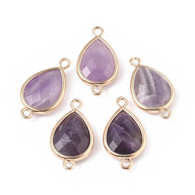 Faceted Natural Amethyst Link Connectors, Teardrop Shape. Purple Colored Connector for DIY Jewelry Making.   Size: 22mm Length, 12mm Width, 5mm Thick, Hole: 1.5mm, QTY: 1pcs/bag.  Material: Genuine Amethyst Stone Beads. Tear Drop Shaped with Golden Brass Findings.