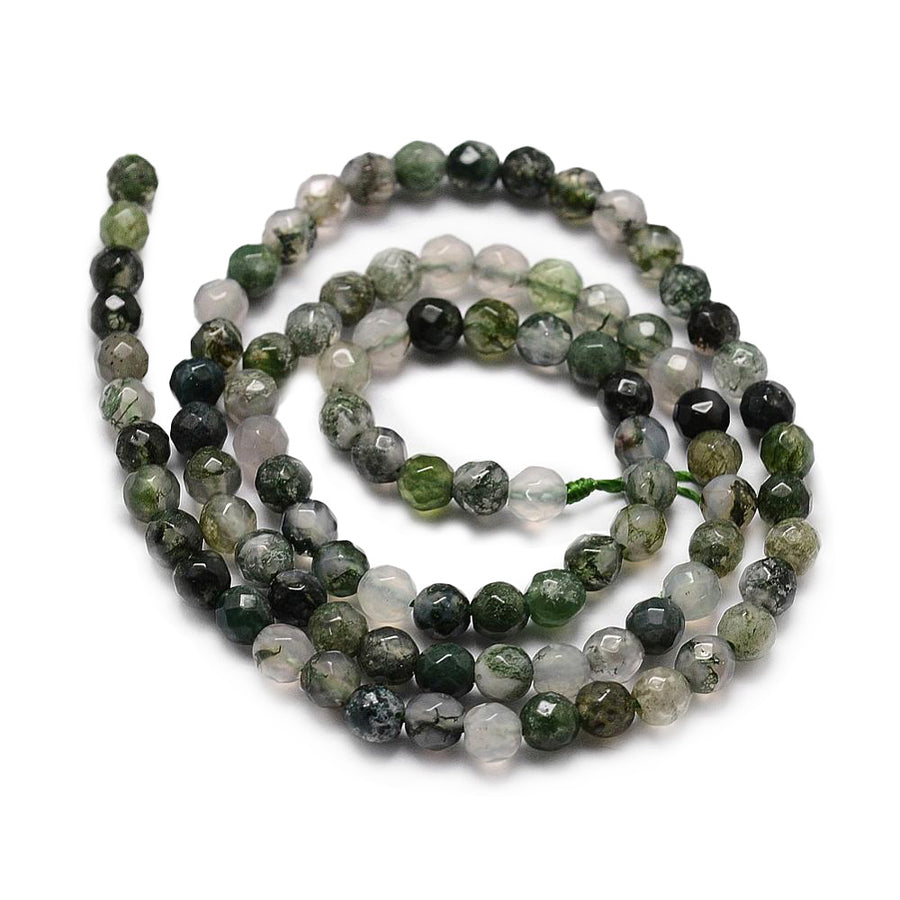Faceted Moss Agate Beads, Round, Dark Green Color. Semi-Precious Gemstone Beads for Jewelry Making.   Size: 4mm Diameter, Hole: 1mm; approx. 92-96pcs/strand, 14.5" Inches Long.  Material: Genuine Faceted Moss Agate, Dark Emerald Green Color. Polished Finish.