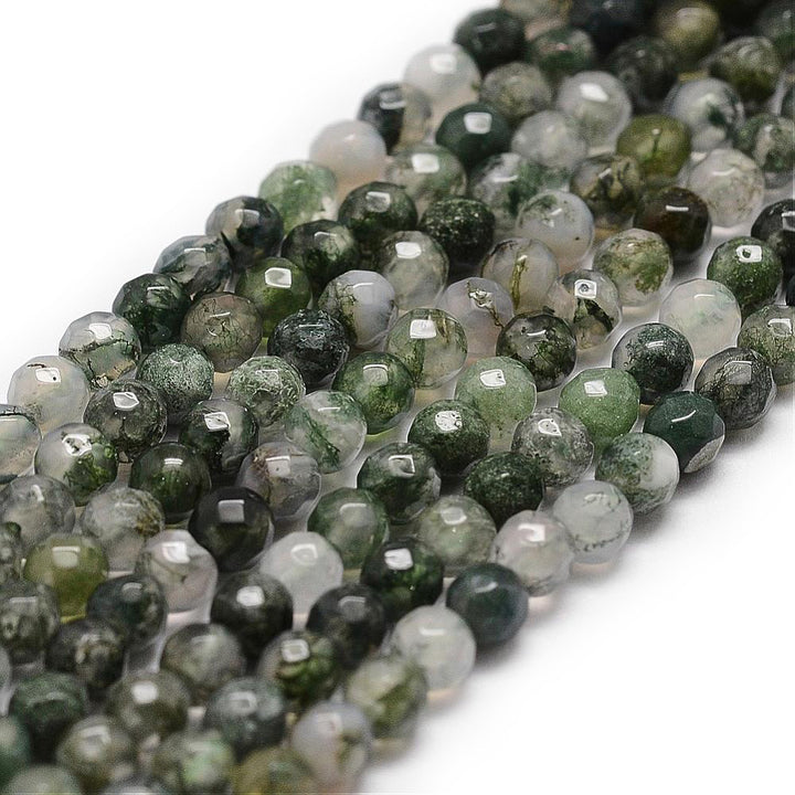 Faceted Moss Agate Beads, Round, Dark Green Color. Semi-Precious Gemstone Beads for Jewelry Making.   Size: 4mm Diameter, Hole: 1mm; approx. 92-96pcs/strand, 14.5" Inches Long.  Material: Genuine Faceted Moss Agate, Dark Emerald Green Color. Polished Finish.