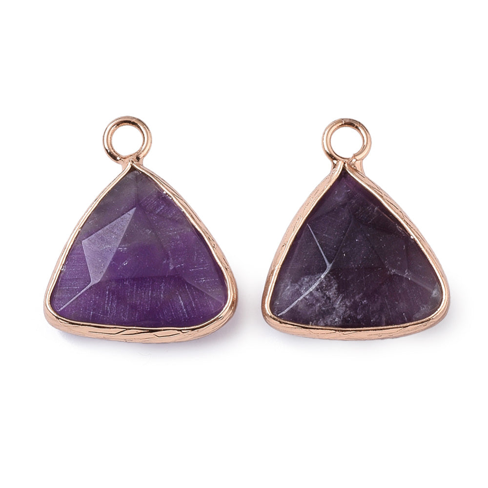 Faceted Amethyst Triangle Pendants, Purple Color with Gold Plated Findings. Semi-precious Gemstone Pendant for DIY Jewelry Making.  Size: 19mm Length, 16mm Wide, 6-7mm Thick, Hole: 1.8mm, 1pcs/package.  Material: Genuine Natural Amethyst Stone Pendant, Gold Toned Findings. Triangle Shaped Stone Pendants. Polished Finish.