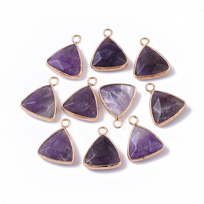Faceted Amethyst Triangle Pendants, Purple Color with Gold Plated Findings. Semi-precious Gemstone Pendant for DIY Jewelry Making.  Size: 19mm Length, 16mm Wide, 6-7mm Thick, Hole: 1.8mm, 1pcs/package.  Material: Genuine Natural Amethyst Stone Pendant, Gold Toned Findings. Triangle Shaped Stone Pendants. Polished Finish.