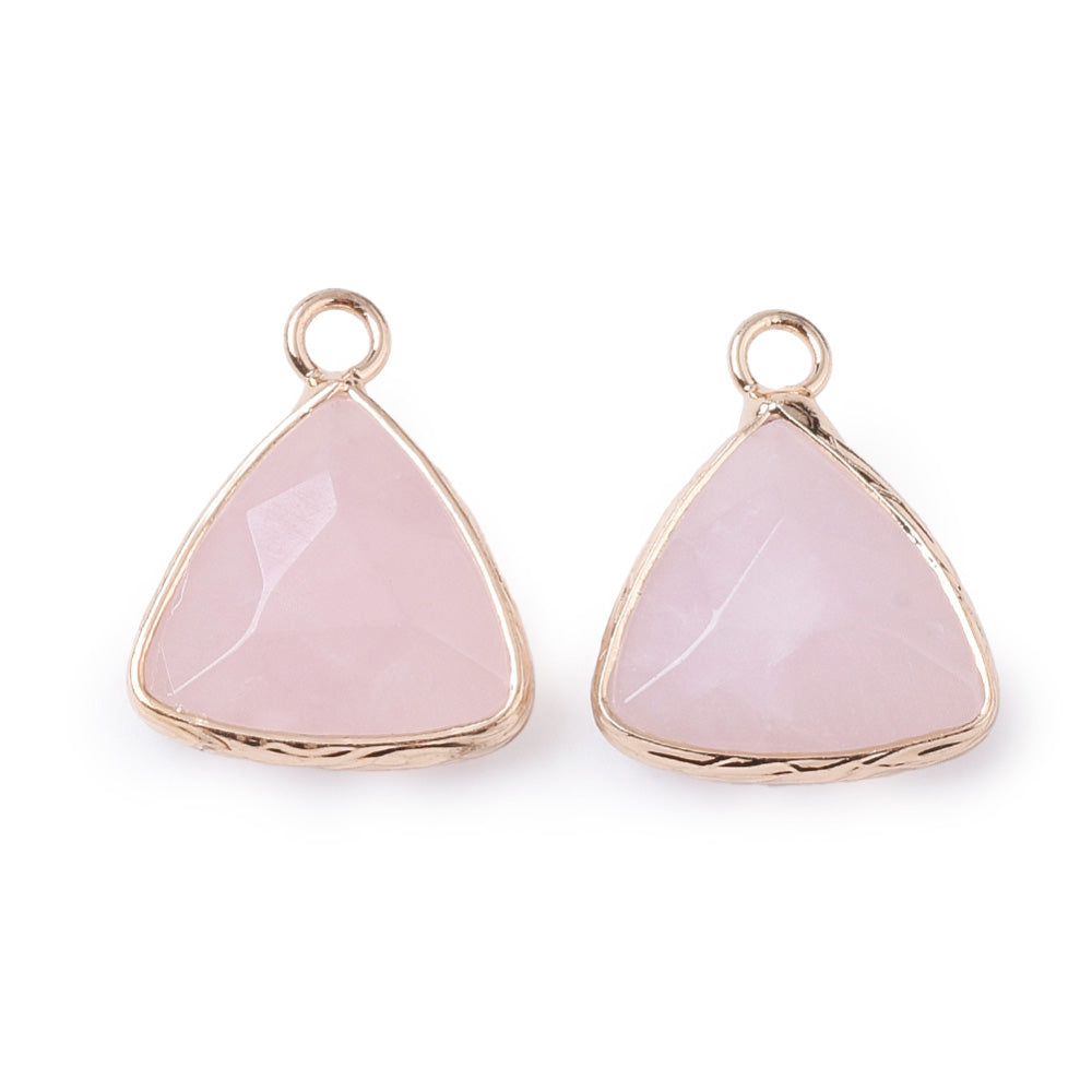 Faceted Rose Quartz Triangle Pendants, Pink Color with Gold Plated Findings. Semi-precious Gemstone Pendant for DIY Jewelry Making.  Size: 19mm Length, 16mm Wide, 6-7mm Thick, Hole: 1.8mm, 1pcs/package.   Material: Genuine Natural Rose Quartz Stone Pendant, Gold Toned Findings. Triangle Shaped Stone Pendants. Polished Finish.