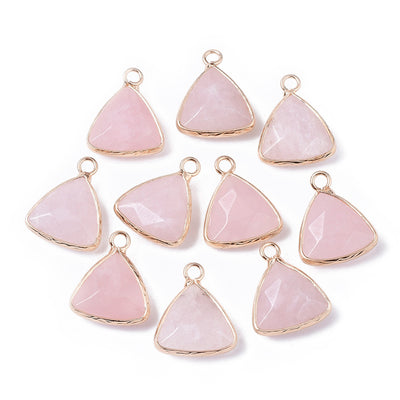 Faceted Rose Quartz Triangle Pendants, Pink Color with Gold Plated Findings. Semi-precious Gemstone Pendant for DIY Jewelry Making.  Size: 19mm Length, 16mm Wide, 6-7mm Thick, Hole: 1.8mm, 1pcs/package.   Material: Genuine Natural Rose Quartz Stone Pendant, Gold Toned Findings. Triangle Shaped Stone Pendants. Polished Finish.