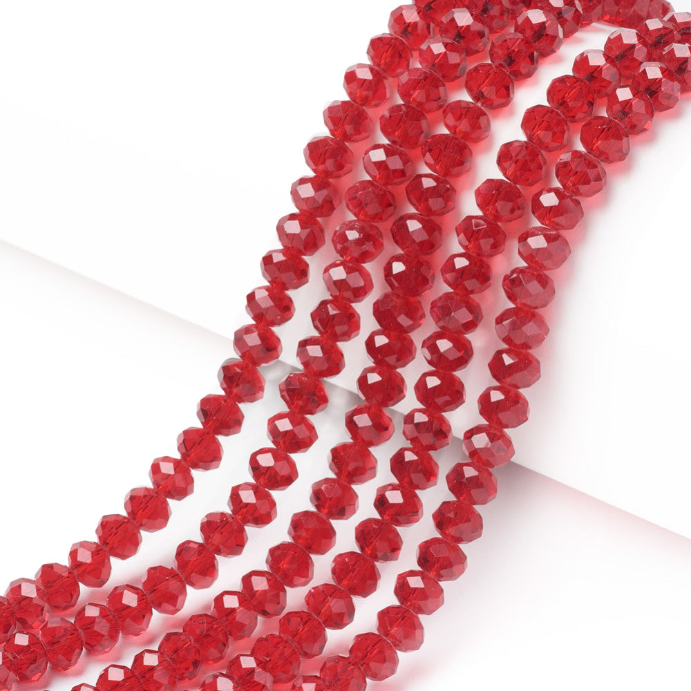 Glass Crrystal Beads, Faceted, Fire Brick Red Color, Rondelle, Glass Crystal Bead Strands. Shinny Crystal Beads for Jewelry Making.  Size: 6mm Diameter, 5mm Thick, Hole: 1mm; approx. 85-88pcs/strand, 16" inches long.  Material: The Beads are Made from Glass. Glass Crystal Beads, Rondelle, Fire Brick Red Colored Austrian Crystal Imitation Beads. Polished, Shinny Finish.