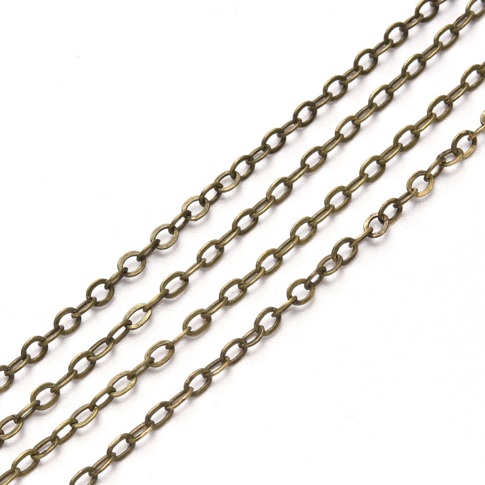 Brass Cable Chain, Antique Bronze Color Brass Soldered Cable Chains for making DIY Jewelry.  Color: Antique Bronze  Size: 2.2x1.9x0.3mm sold per/10m Roll (32.8 Feet)  Material: Brass Soldered Cable Chain Roll with Spool, Flat, Oval, Bronze Color Chain.