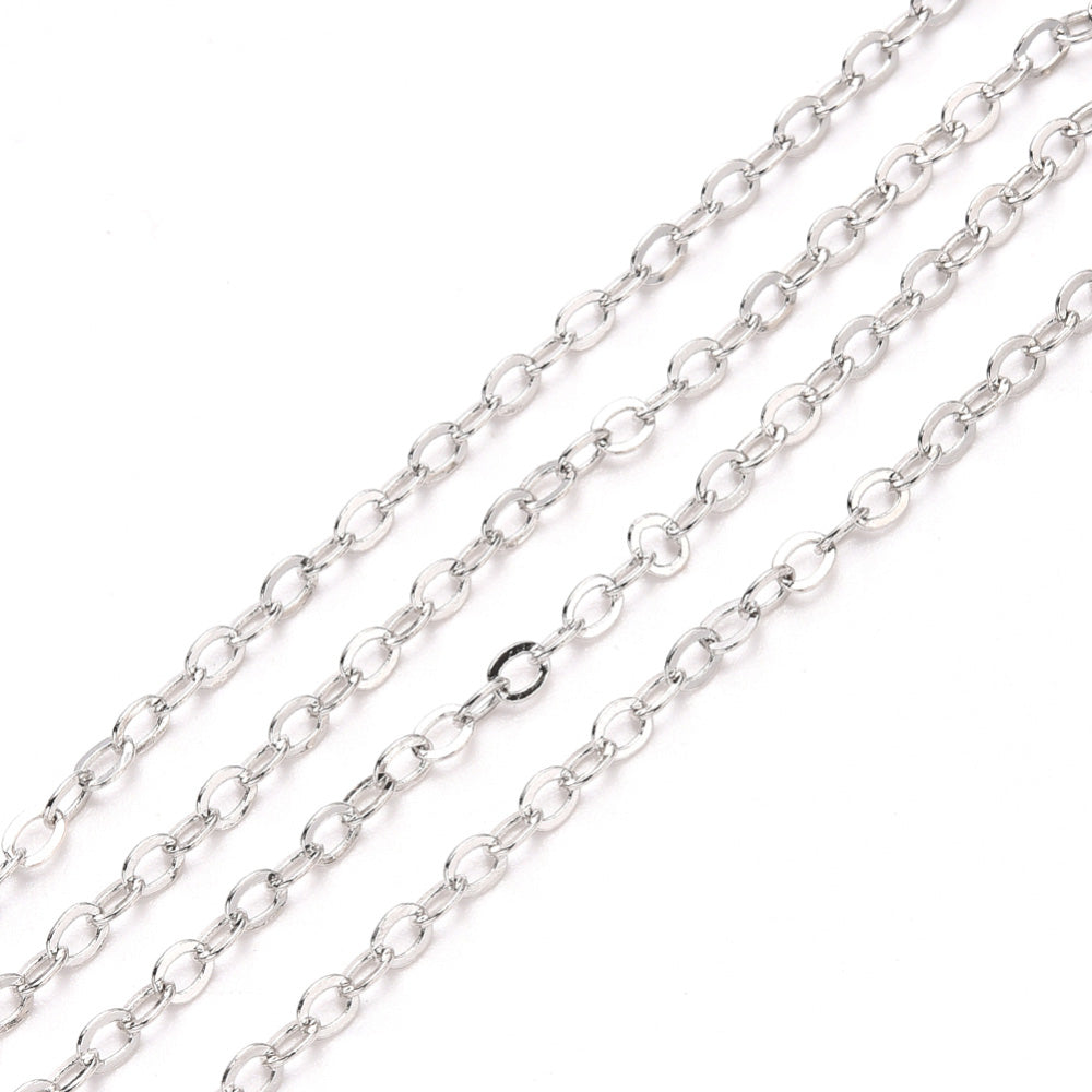 Brass Cable Chain, Platinum Silver Color Brass Soldered Cable Chains for making DIY Jewelry.  Color: Gunmetal  Size: 2.2x1.9x0.3mm sold per/10m Roll (32.8 Feet)  Material: Brass Soldered Cable Chain Roll with Spool, Flat, Oval, Platinum Silver Color Chain.