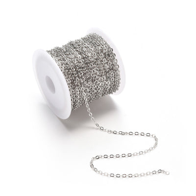 Brass Cable Chain, Platinum Silver Color Brass Soldered Cable Chains for making DIY Jewelry.  Color: Gunmetal  Size: 2.2x1.9x0.3mm sold per/10m Roll (32.8 Feet)  Material: Brass Soldered Cable Chain Roll with Spool, Flat, Oval, Platinum Silver Color Chain.