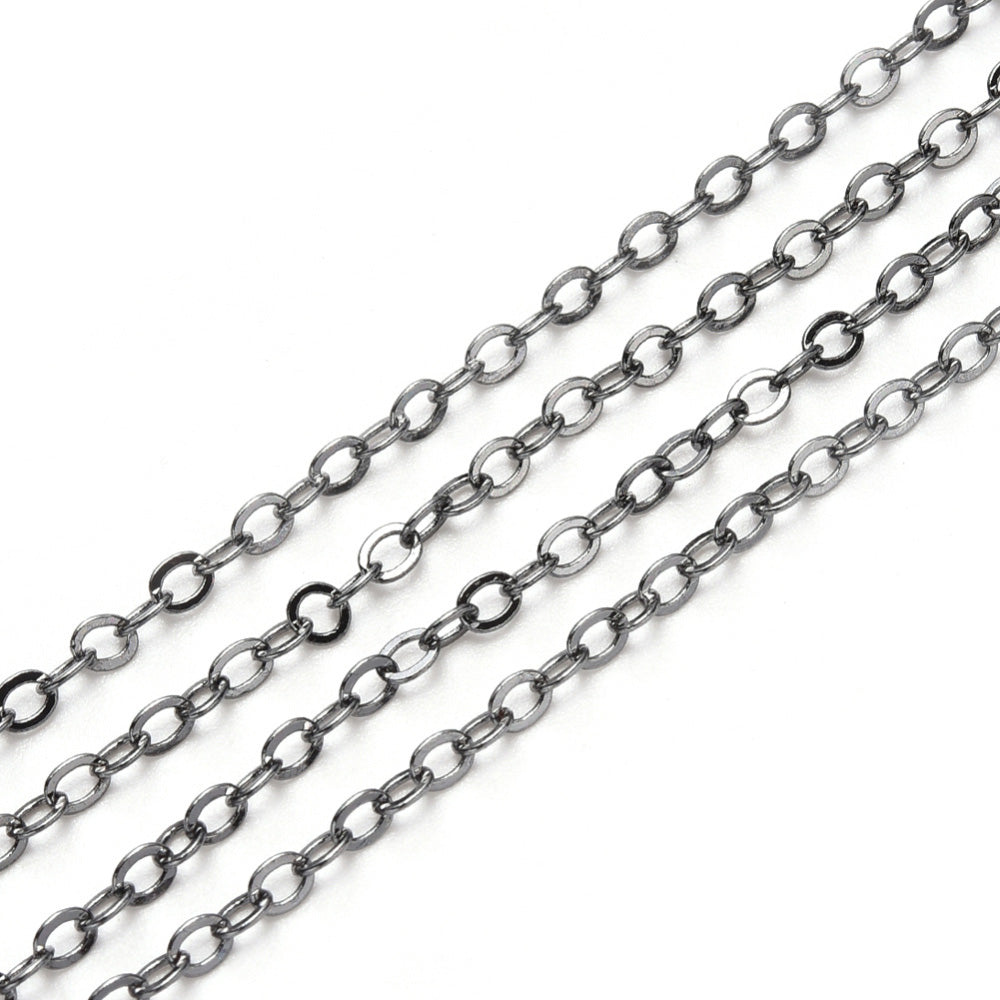 Brass Cable Chain, Gunmetal Black Color Brass Soldered Cable Chains for making DIY Jewelry.  Color: Gunmetal  Size: 2.2x1.9x0.3mm sold per/10m Roll  Material: Brass Soldered Cable Chain Roll with Spool, Flat, Oval, Gunmetal Black Color Chain.