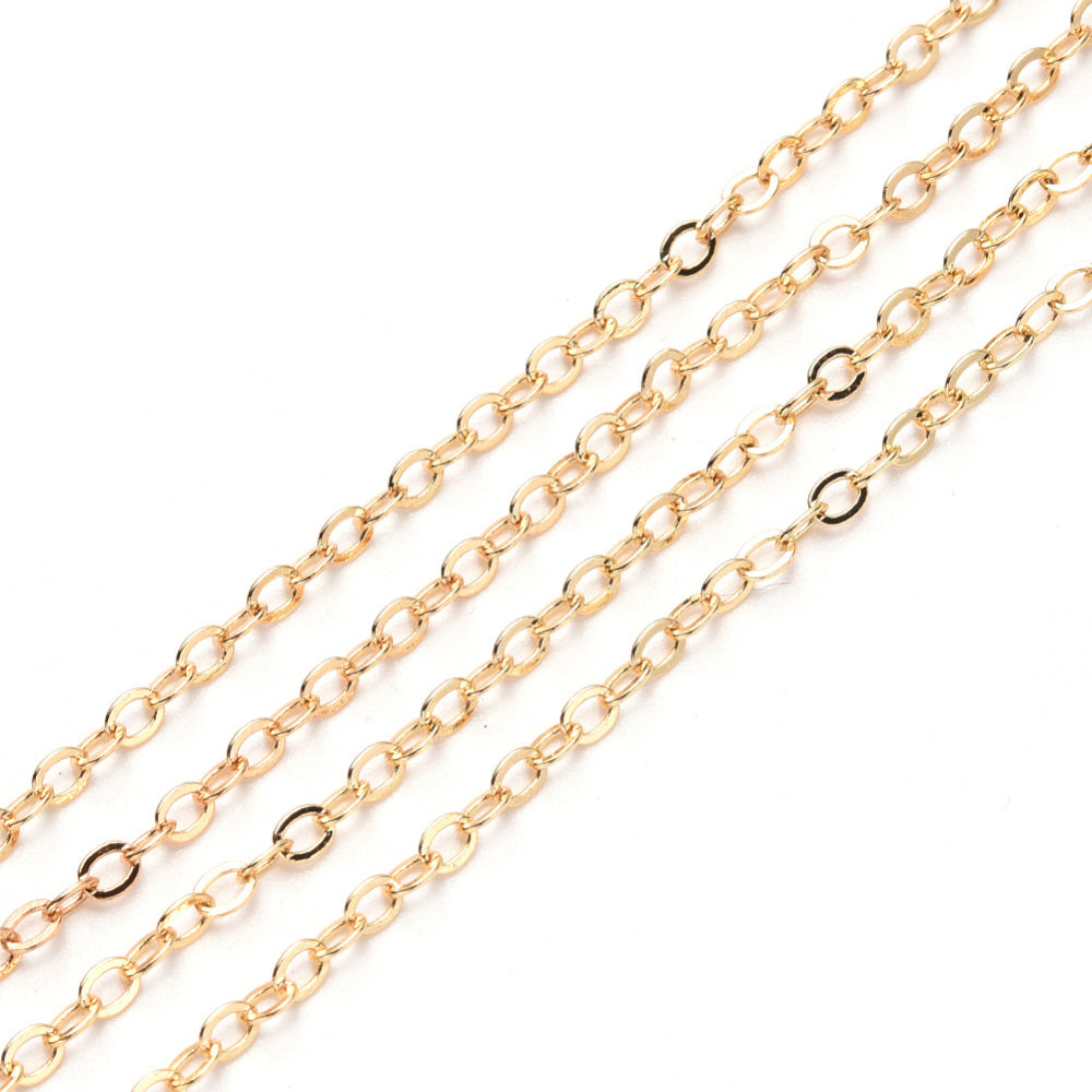 Brass Cable Chain, Light Gold  Color Brass Soldered Cable Chains for making DIY Jewelry.  Color: Light Gold  Size: 2.2x1.9x0.3mm sold per/10m Roll (32.8 Feet).  Material: Brass Soldered Cable Chain Roll with Spool, Flat, Oval, Light Gold Color Chain.