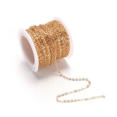 Brass Cable Chain, Light Gold  Color Brass Soldered Cable Chains for making DIY Jewelry.  Color: Light Gold  Size: 2.2x1.9x0.3mm sold per/10m Roll (32.8 Feet).  Material: Brass Soldered Cable Chain Roll with Spool, Flat, Oval, Light Gold Color Chain.