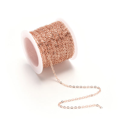 Brass Cable Chain, Rose Gold Color Brass Soldered Cable Chains for making DIY Jewelry.  Color: Rose Gold  Size: 2.2x1.9x0.3mm sold per/10m Roll (32.8 Feet)  Material: Brass Soldered Cable Chain Roll with Spool, Flat, Oval, Rose Gold Color Chain.