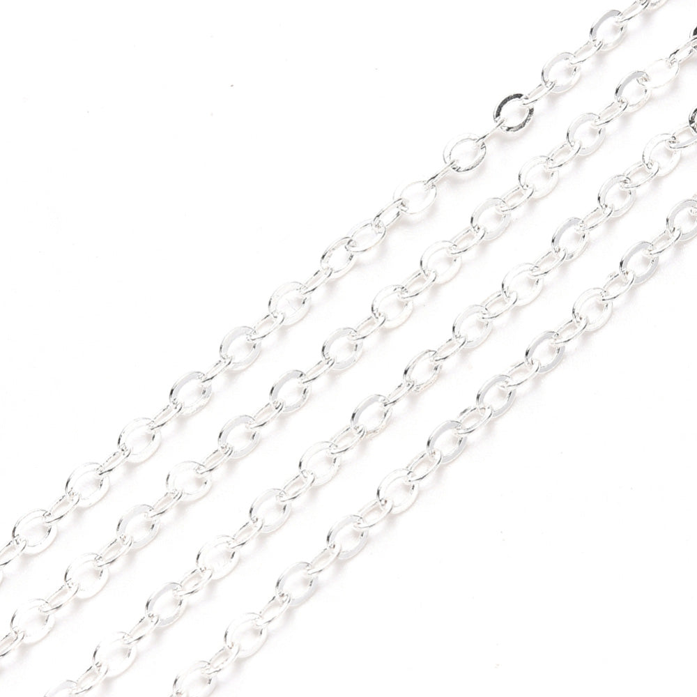 Brass Cable Chain, Silver Color Brass Soldered Cable Chains for making DIY Jewelry.  Color: Silver  Size: 2.2x1.9x0.3mm sold per/10m Roll (32.8 Feet).  Material: Brass Soldered Cable Chain Roll with Spool, Flat, Oval, Silver Color Chain.