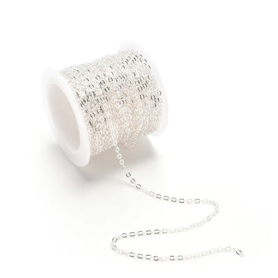 Brass Cable Chain, Silver Color Brass Soldered Cable Chains for making DIY Jewelry.  Color: Silver  Size: 2.2x1.9x0.3mm sold per/10m Roll (32.8 Feet).  Material: Brass Soldered Cable Chain Roll with Spool, Flat, Oval, Silver Color Chain.
