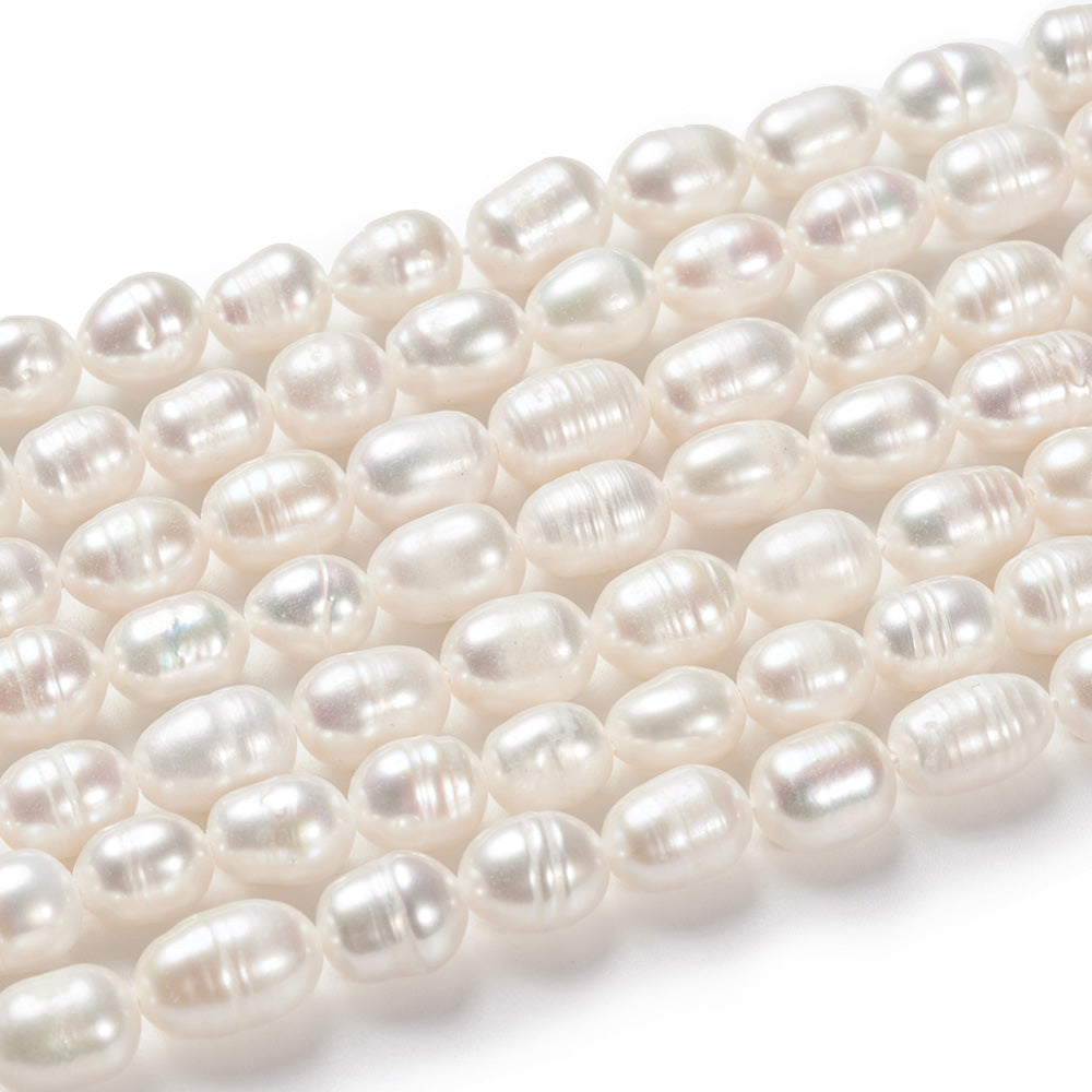 Cultured Freshwater Pearl Beads, Rice Shape, White Color. Natural Pearls for DIY Jewelry.  Material: Cultured Freshwater Pearls, Rice, White Color.  Size: 6-7mm Diameter, Hole: 0.8mm, approx. 44 pcs/strand, 14 inch/strand.