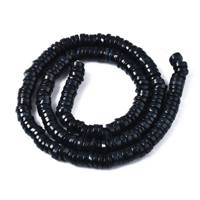 Freshwater Heishi Shell Beads, Flat Disc Shape, dyed Black Color. Freshwater Shell Beads for Jewelry Making.   Size: 5.6mm Diameter, 1-2mm Thick, Hole: 1mm; approx. 200-215 pcs/strand, 15" inches long.  Material: The Beads are Natural Freshwater Shell Beads, Flat Disc Shaped, dyed Black Color. Shinny Finish.