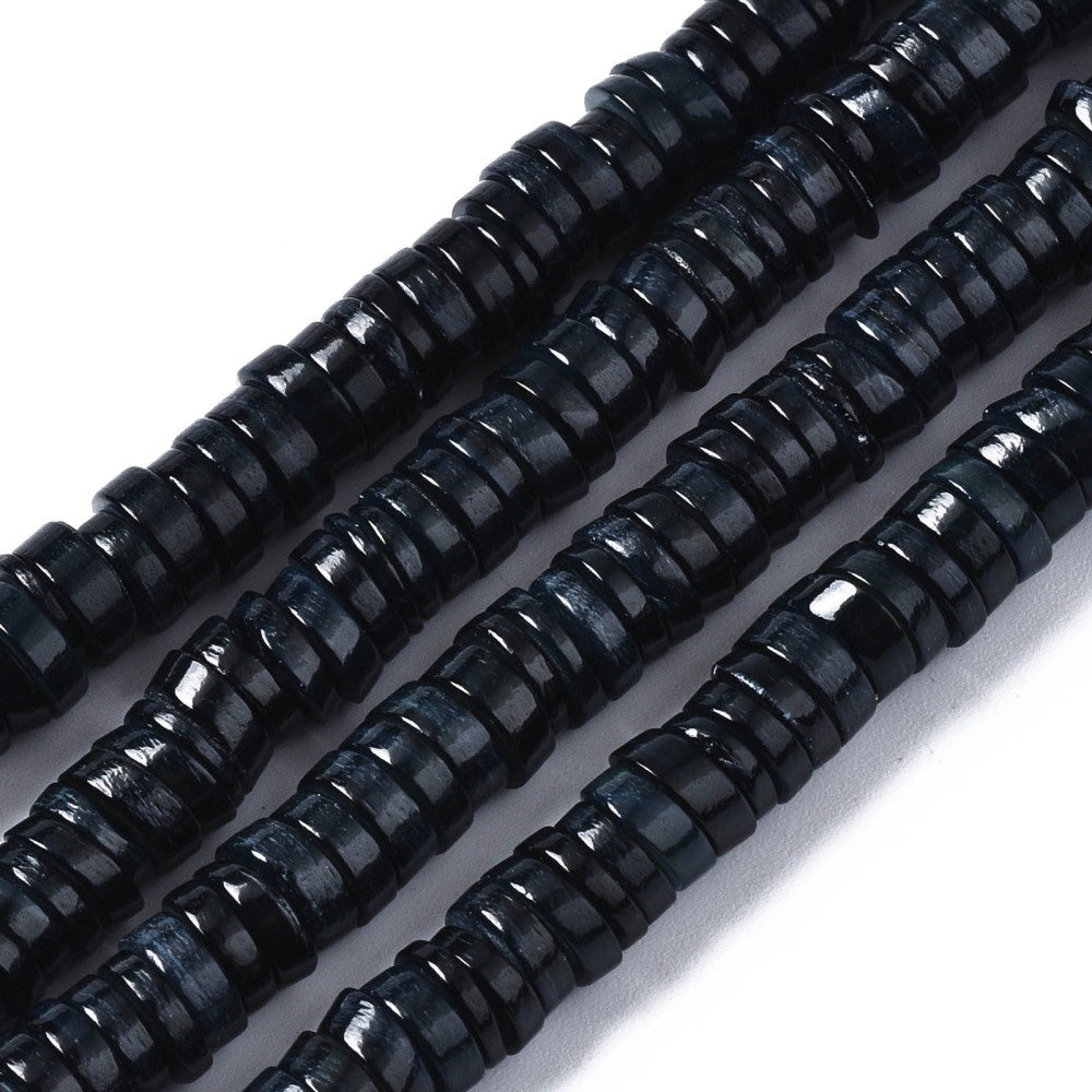Freshwater Heishi Shell Beads, Flat Disc Shape, dyed Black Color. Freshwater Shell Beads for Jewelry Making.   Size: 5.6mm Diameter, 1-2mm Thick, Hole: 1mm; approx. 200-215 pcs/strand, 15" inches long.  Material: The Beads are Natural Freshwater Shell Beads, Flat Disc Shaped, dyed Black Color. Shinny Finish.