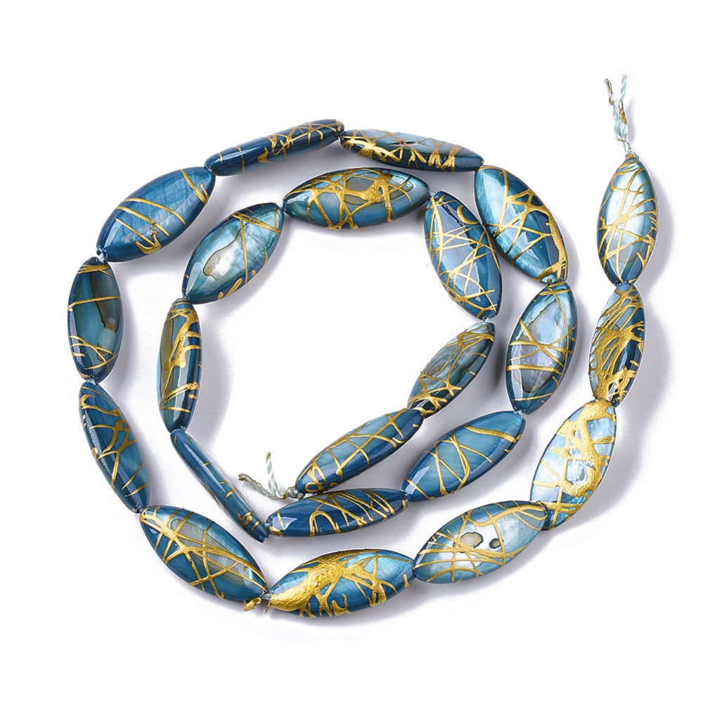 Freshwater Shell Beads, Oval Tube Shape, Royal Blue Color. Freshwater Shell Beads for Jewelry Making. Affordable High Quality Beads for Jewelry Making.  Size: 16-17mm Long, 7-8 Wide, 2.5-4.5mm Thick, Hole: 1mm; approx. 22 pcs/strand, 14" inches long.  Material: The Beads are Natural Freshwater Shell Beads, Long Oval Tube Shaped, dyed Royal Blue color. Shinny Finish.