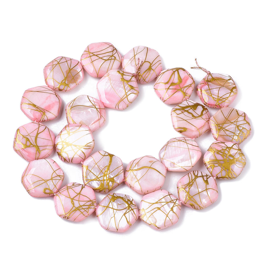 Freshwater Shell Beads, Hexagon Shape, Pearl Pink Color. Freshwater Shell Beads for Jewelry Making. Affordable High Quality Beads for Jewelry Making.  Size: 18-20mm Long, 17.5-18.5 Wide, 3.5-5.5mm Thick, Hole: 1mm; approx. 20 pcs/strand, 14" inches long.  Material: The Beads are Natural Freshwater Shell Beads, Hexagon Shaped, dyed Pearl Pink color. Shinny Finish.