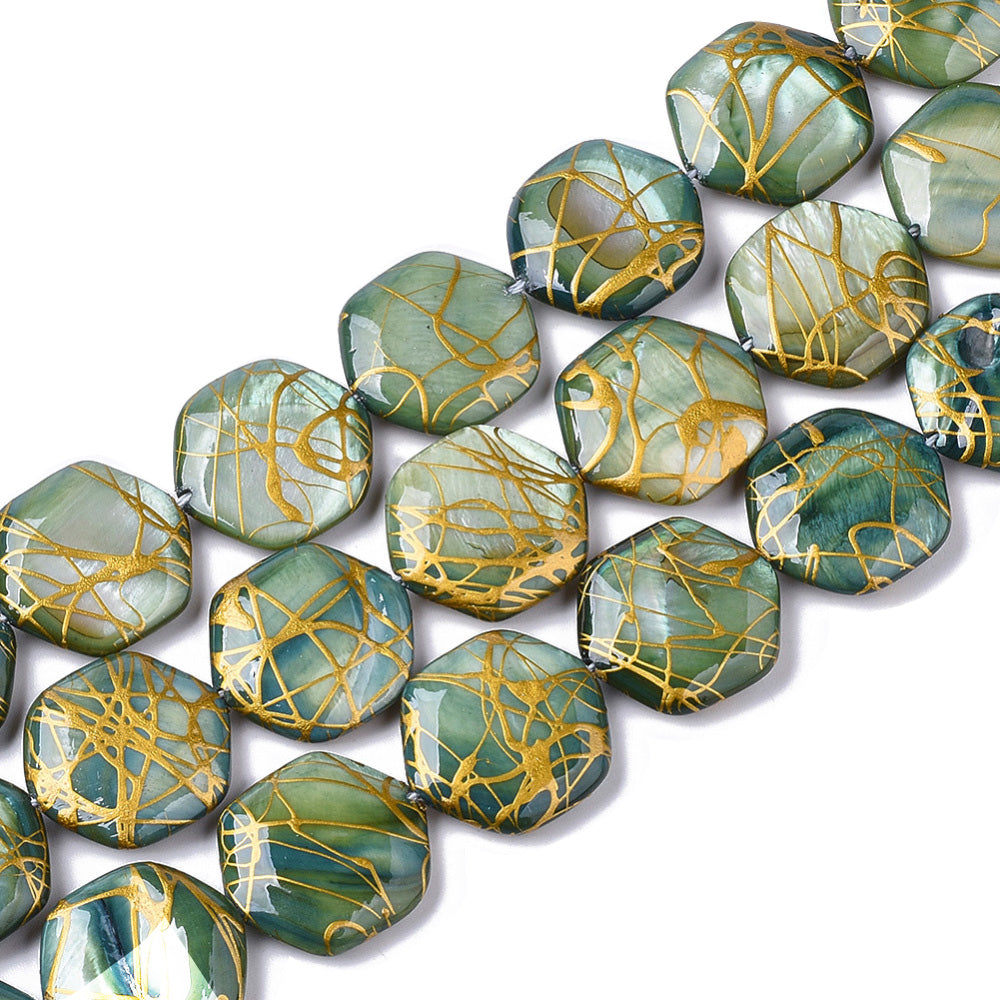 Freshwater Shell Beads, Hexagon Shape, Sea Green Color. Freshwater Shell Beads for Jewelry Making. Affordable High Quality Beads for Jewelry Making.  Size: 18-20mm Long, 17.5-18.5 Wide, 3.5-5.5mm Thick, Hole: 1mm; approx. 20 pcs/strand, 14" inches long.  Material: The Beads are Natural Freshwater Shell Beads, Hexagon Shaped, dyed Sea Green color. Shinny Finish.