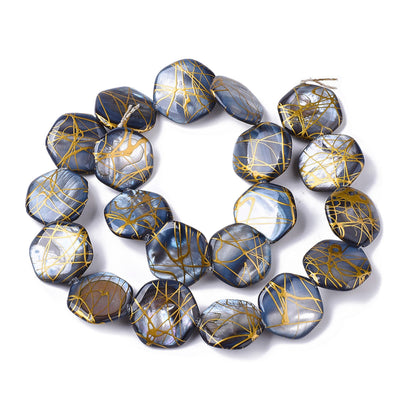 Freshwater Shell Beads, Hexagon Shape, Steel Blue Color. Freshwater Shell Beads for Jewelry Making. Affordable High Quality Beads for Jewelry Making.  Size: 18-20mm Long, 17.5-18.5 Wide, 3.5-5.5mm Thick, Hole: 1mm; approx. 20 pcs/strand, 14" inches long.  Material: The Beads are Natural Freshwater Shell Beads, Hexagon Shaped, dyed Steel Blue color. Shinny Finish.