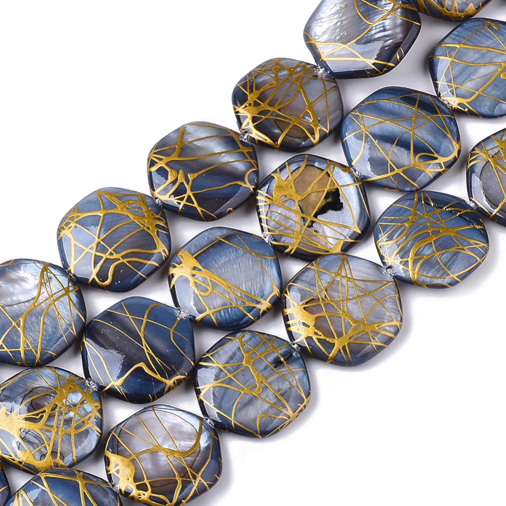 Freshwater Shell Beads, Hexagon Shape, Steel Blue Color. Freshwater Shell Beads for Jewelry Making. Affordable High Quality Beads for Jewelry Making.  Size: 18-20mm Long, 17.5-18.5 Wide, 3.5-5.5mm Thick, Hole: 1mm; approx. 20 pcs/strand, 14" inches long.  Material: The Beads are Natural Freshwater Shell Beads, Hexagon Shaped, dyed Steel Blue color. Shinny Finish.