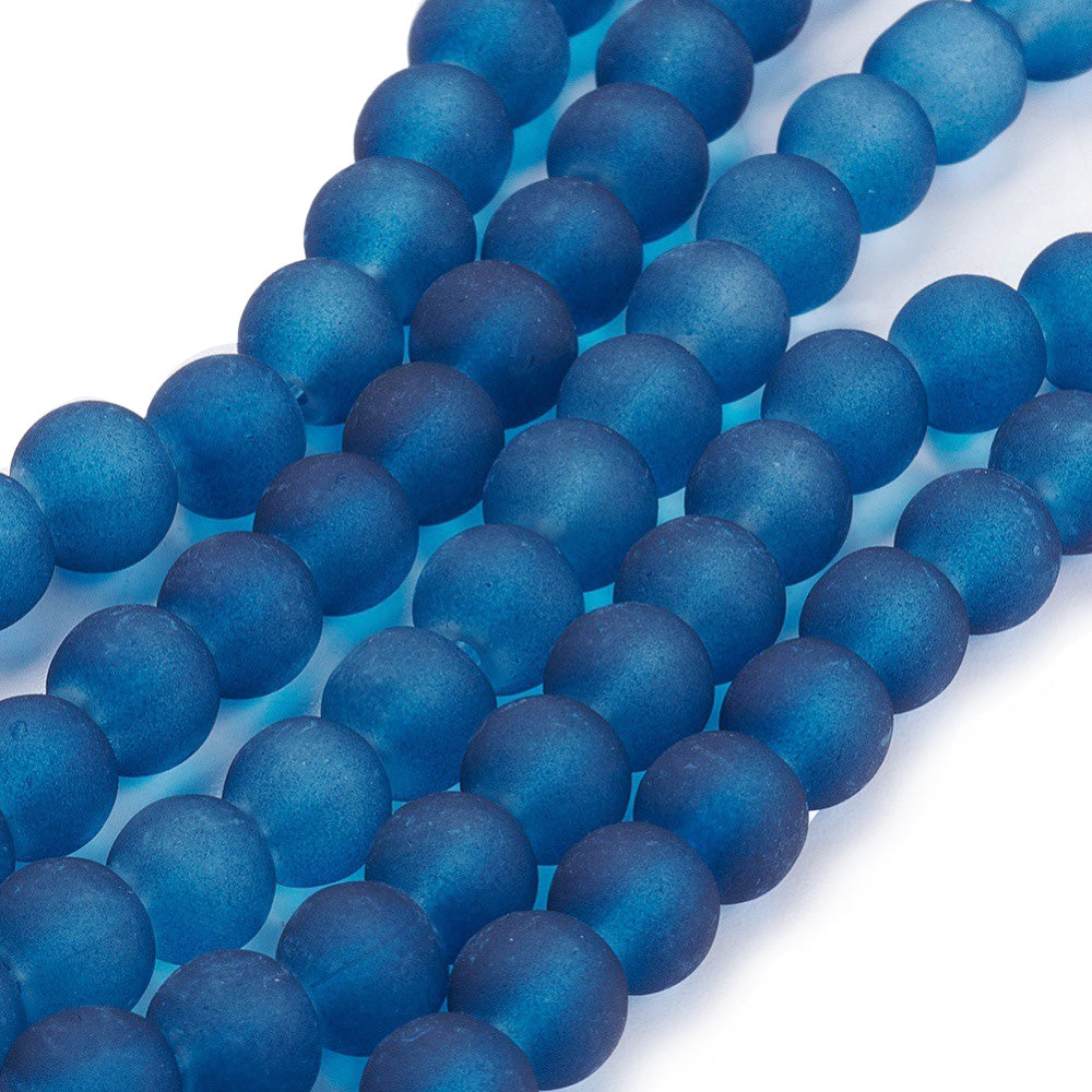 Frosted Glass Beads, Round, Indigo Blue Color. Matte Glass Bead Strands for DIY Jewelry Making. Affordable, Colorful Frosted Beads.   Size: 6mm Diameter Hole: 1mm; approx. 125pcs/strand, 31" Inches Long.  Material: The Beads are Made from Glass. Frosted Glass Beads, Indigo Blue Colored Beads. Unpolished, Matte Finish.
