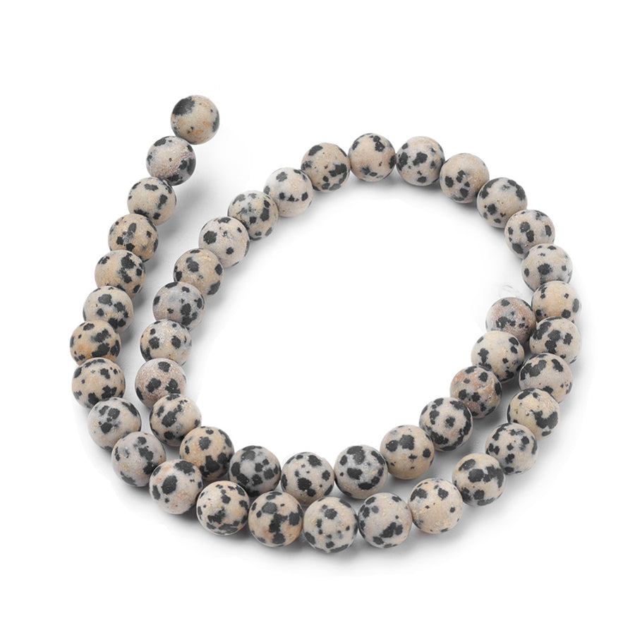 Frosted Natural Dalmatian Jasper Beads Strands, Round. Dalmatian Stone, Matte Semi-precious Gemstone Beads for DIY Jewelry Making.  Size: 8mm Diameter, Hole: 1mm, approx. 45pcs/strand, 15.5" Inches Long.   Material: Frosted Genuine Dalmatian Jasper Semi Precious Stone Beads, Round, Cream Color with Black Spots. Unpolished Matte Finish.