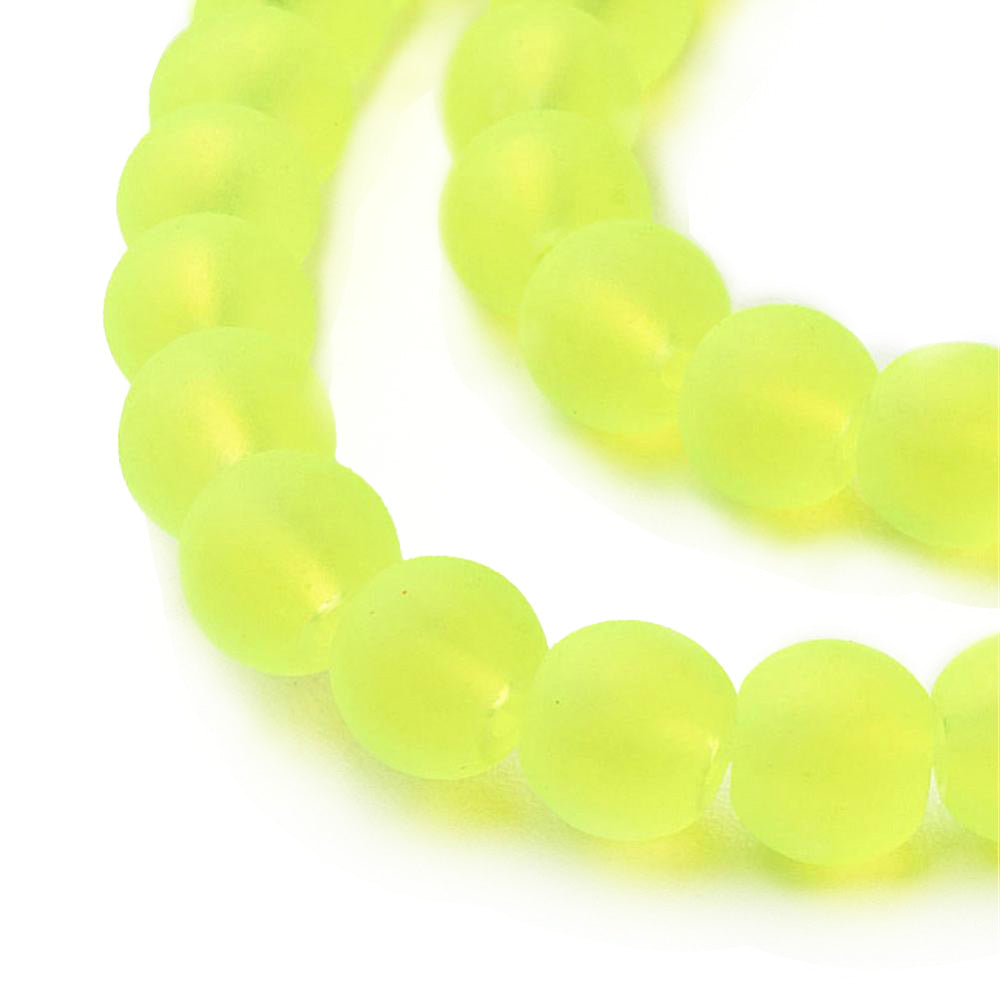 Frosted Glass Beads, Round, Bright Neon Yellow Color. Matte Glass Bead Strands for DIY Jewelry Making. Affordable, Colorful Frosted Beads. Great for Stretch Bracelets.  Size: 4mm Diameter Hole: 1mm; approx. 195pcs/strand, 31" Inches Long.  Material: The Beads are Made from Glass. Frosted Glass Beads, Neon Yellow Colored Beads. Unpolished, Matte Finish.