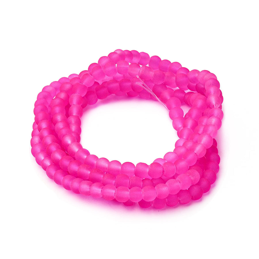 Frosted Glass Beads, Round, Hot Pink Color. Matte Glass Bead Strands for DIY Jewelry Making. Affordable, Colorful Frosted Beads. Great for Stretch Bracelets.  Size: 4mm Diameter Hole: 1mm; approx. 195pcs/strand, 31" Inches Long  Material: The Beads are Made from Glass. Frosted Glass Beads, Hot Pink Colored Beads. Unpolished, Matte Finish.