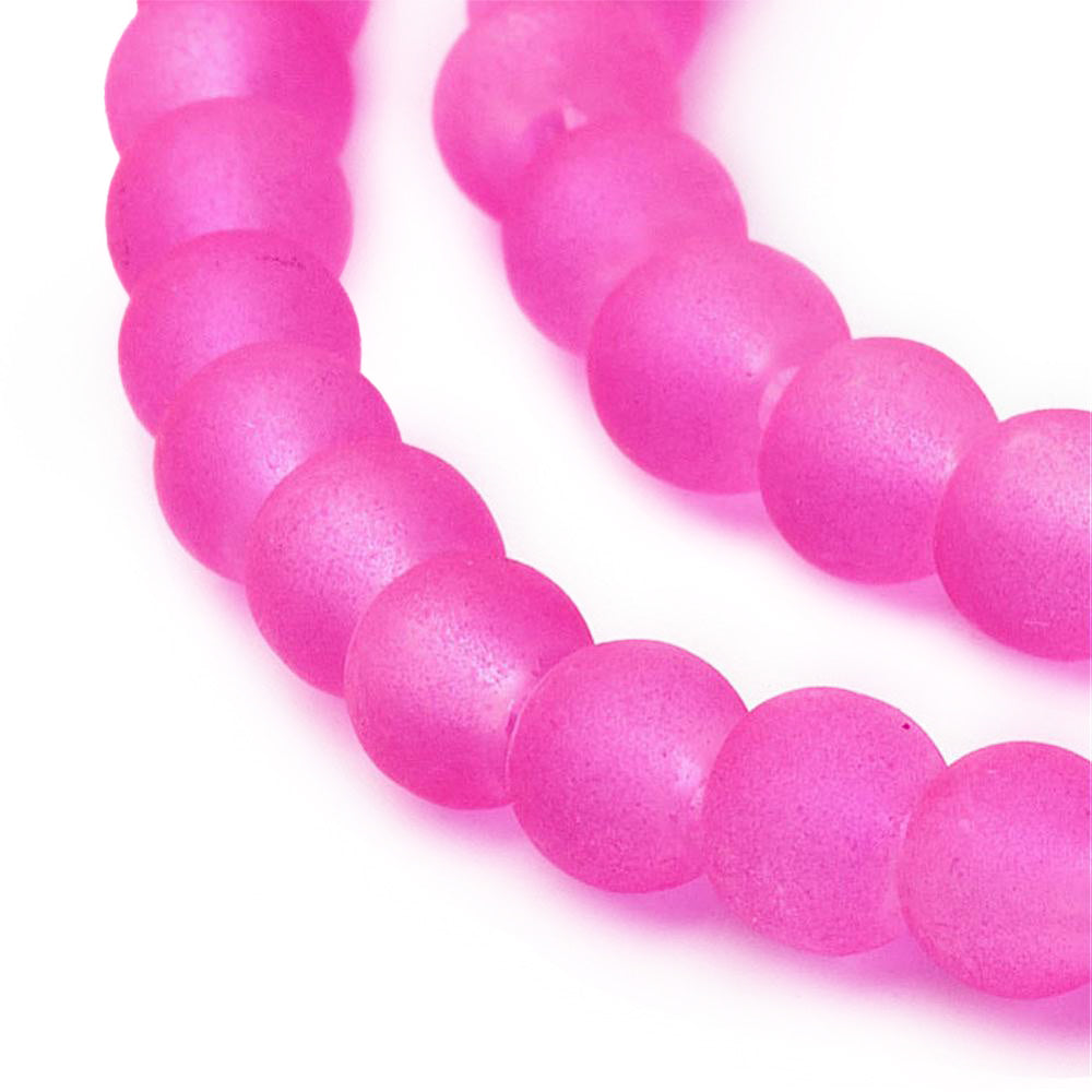 Frosted Glass Beads, Round, Hot Pink Color. Matte Glass Bead Strands for DIY Jewelry Making. Affordable, Colorful Frosted Beads. Great for Stretch Bracelets.  Size: 4mm Diameter Hole: 1mm; approx. 195pcs/strand, 31" Inches Long  Material: The Beads are Made from Glass. Frosted Glass Beads, Hot Pink Colored Beads. Unpolished, Matte Finish.