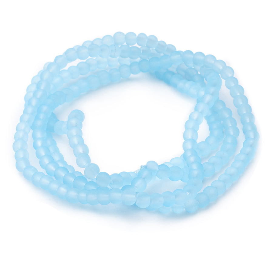 Frosted Glass Beads, Round, Light Blue Color. Matte Glass Bead Strands for DIY Jewelry Making. Affordable, Colorful Frosted Beads. Great for Stretch Bracelets.  Size: 4mm Diameter Hole: 1mm; approx. 195pcs/strand, 31" Inches Long.  Material: The Beads are Made from Glass. Frosted Glass Beads, Soft Light Blue Colored Beads. Unpolished, Matte Finish.
