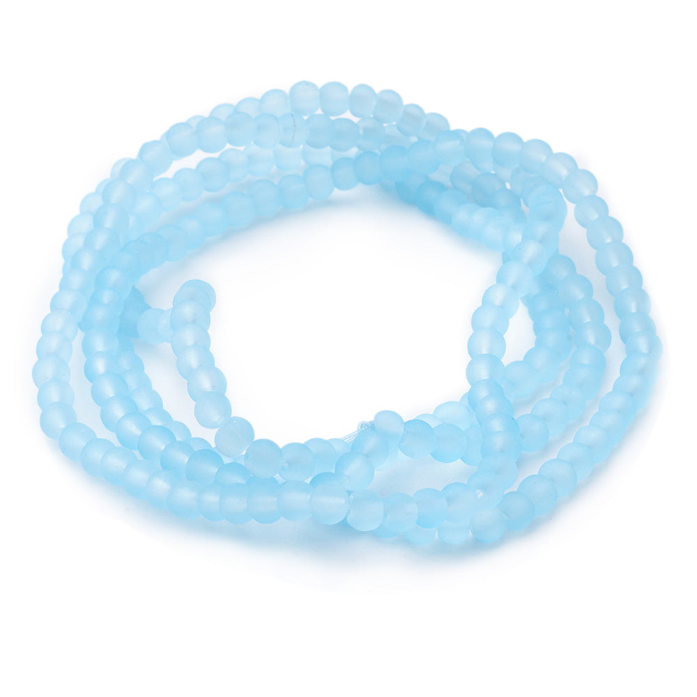 Frosted Glass Beads, Round, Light Blue Color. Matte Glass Bead Strands for DIY Jewelry Making. Affordable, Colorful Frosted Beads. Great for Stretch Bracelets.  Size: 4mm Diameter Hole: 1mm; approx. 195pcs/strand, 31" Inches Long.  Material: The Beads are Made from Glass. Frosted Glass Beads, Soft Light Blue Colored Beads. Unpolished, Matte Finish.