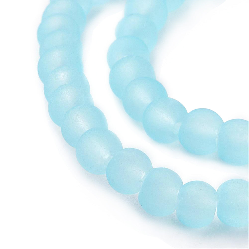 Frosted Glass Beads, Round, Light Blue Color. Matte Glass Bead Strands for DIY Jewelry Making. Affordable, Colorful Frosted Beads. Great for Stretch Bracelets.  Size: 4mm Diameter Hole: 1mm; approx. 195pcs/strand, 31" Inches Long.  Material: The Beads are Made from Glass. Frosted Glass Beads, Soft Light Blue Colored Beads. Unpolished, Matte Finish.
